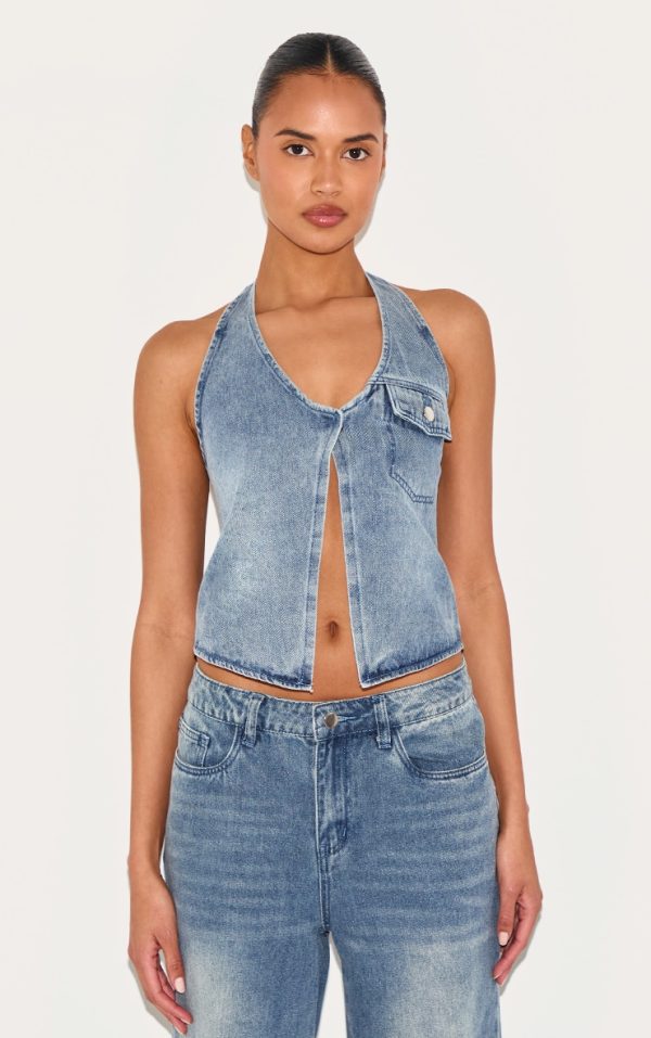 Mid Blue Halterneck Denim Vest