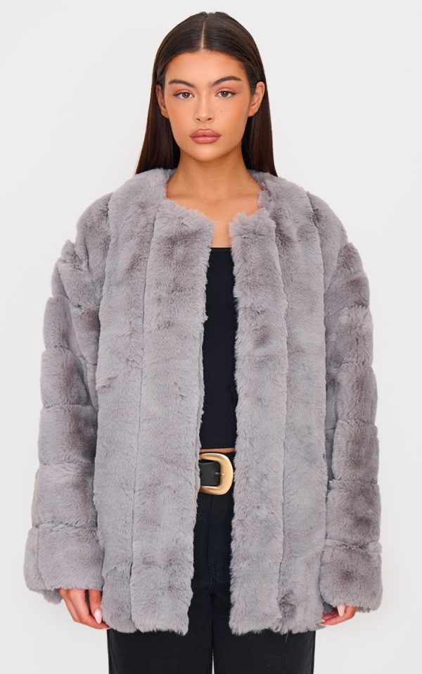Grey Faux Fur Bubble Vertical Coat