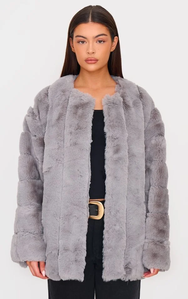 Grey Faux Fur Bubble Vertical Coat