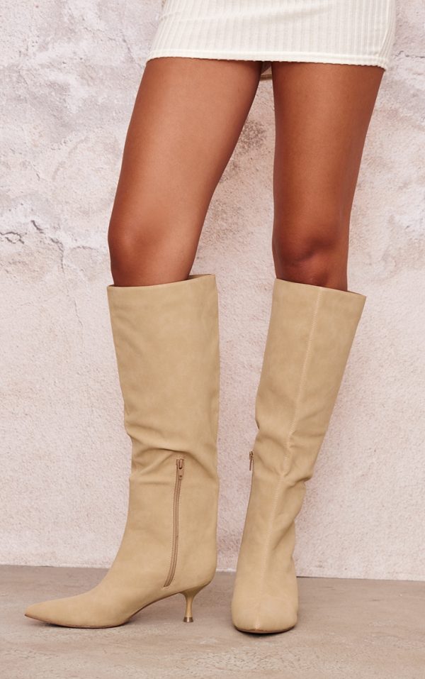 Camel Faux Nubuck Point Toe Low Heel Knee High Boots