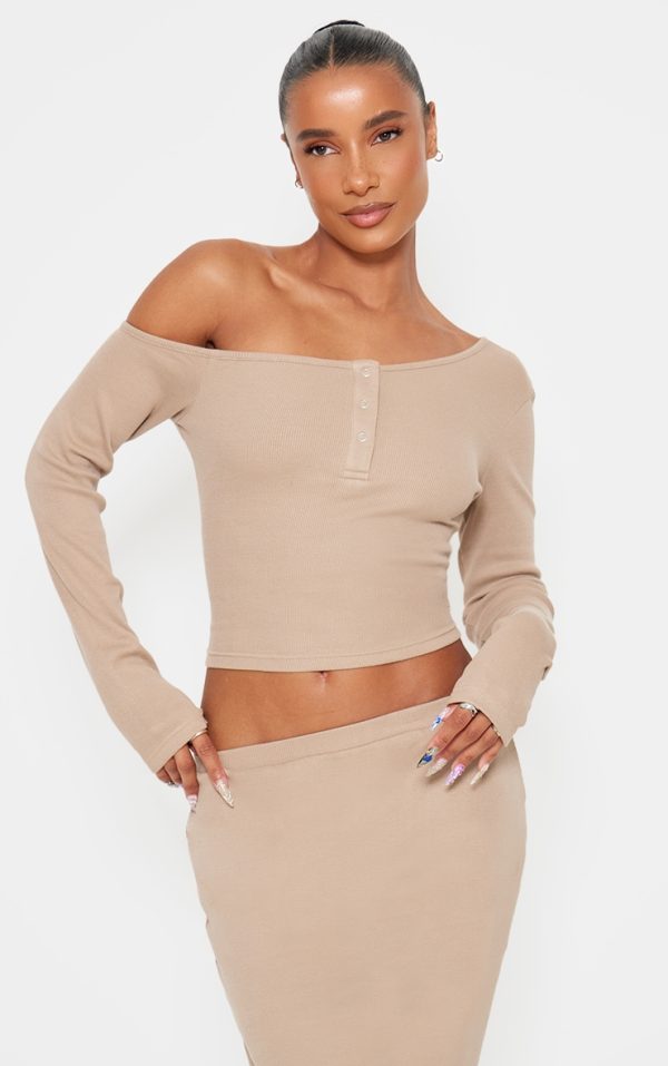 Taupe Asymmetric Neck Rib Long Sleeve Top