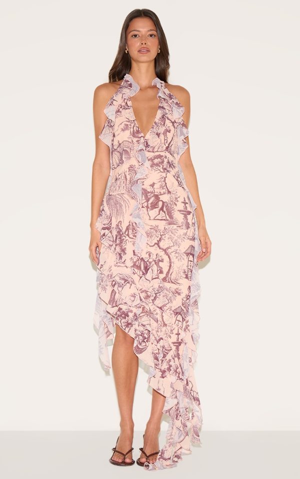 Stone Chiffon Print Frill Detail Plunge Midaxi Dress