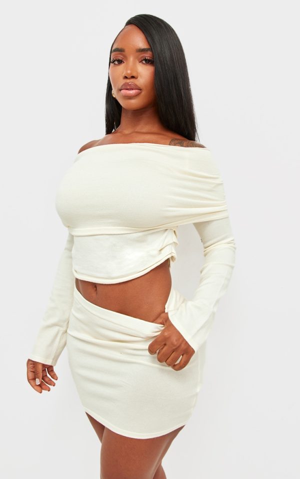 Shape Cream Soft Knit Extreme Foldover Long Sleeve Ruched Side Top