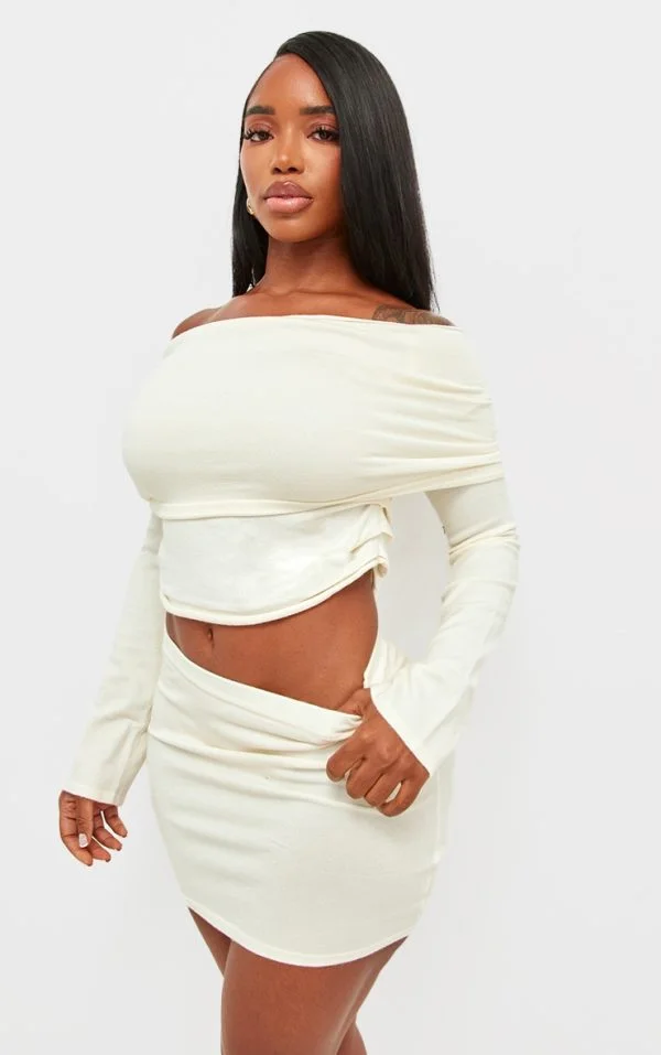 Shape Cream Soft Knit Extreme Foldover Long Sleeve Ruched Side Top