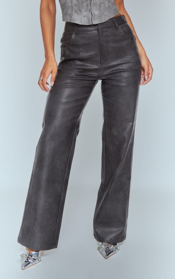 Washed Black Faux Leather Straight Leg Pants