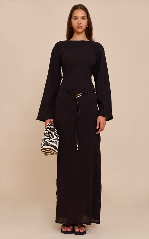 Black Textured Long Sleeve Maxi Dress