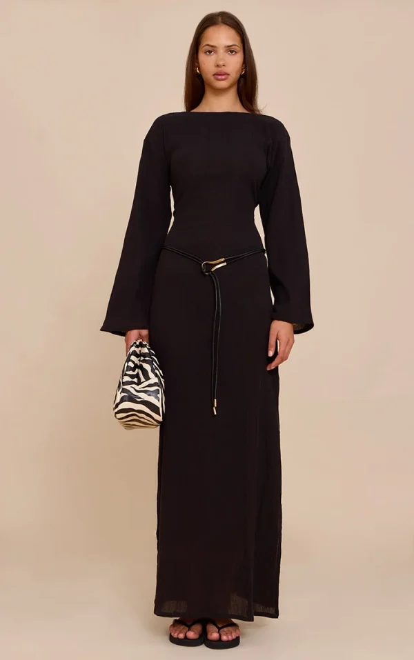 Black Textured Long Sleeve Maxi Dress