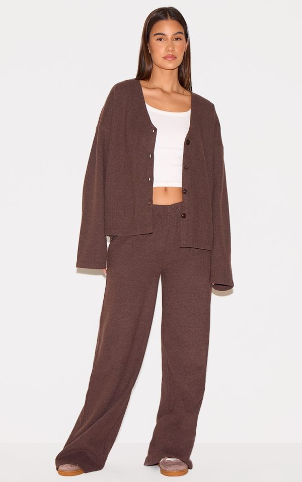 Brown Heavy Brushed Rib Slouchy Wide Leg Pants