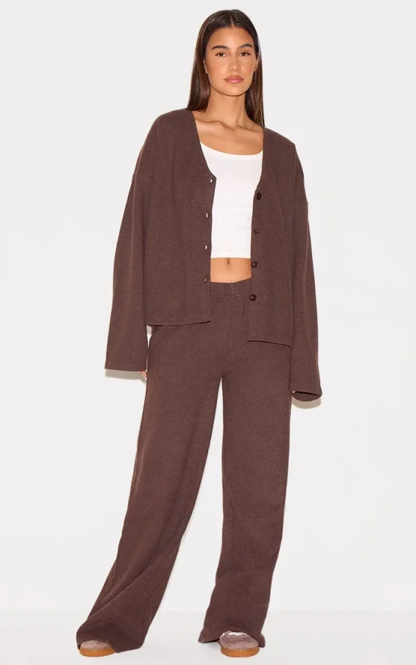 Brown Heavy Brushed Rib Slouchy Wide Leg Pants