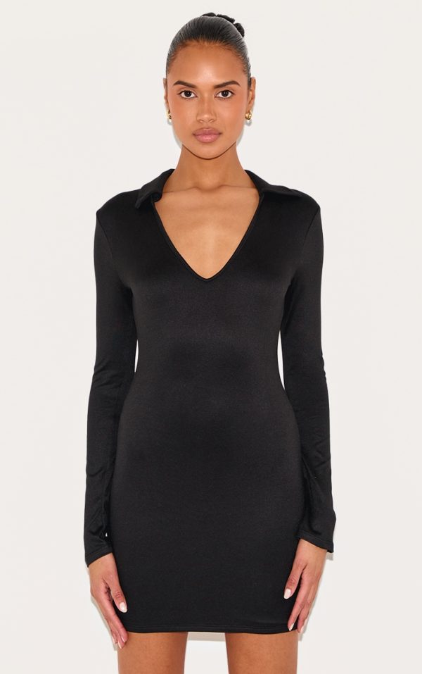 Black Double Contour Collar Detail Long Sleeve Bodycon Dress