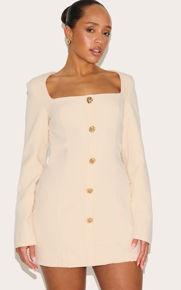 Shape Cream Tailored Square Neck Hammered Button Mini Dress