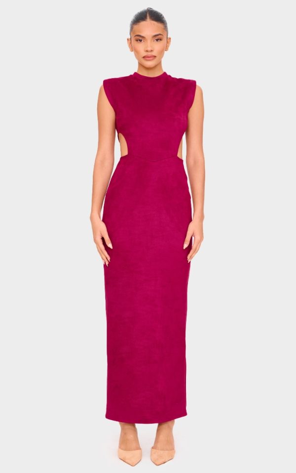 Burgundy Faux Suede Cut Out Maxi Dress