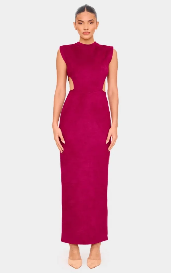 Burgundy Faux Suede Cut Out Maxi Dress