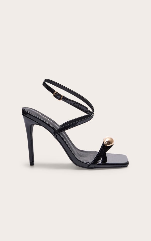 Black Patent PU Square Toe Metal Trim High Stiletto Heeled Sandals