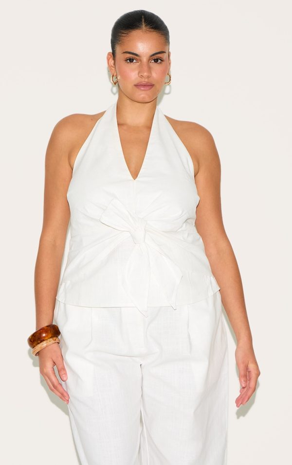 Plus White Linen Twist Front Halter Neck Top