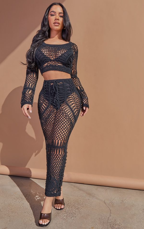 Petite Black Crochet Midi Skirt