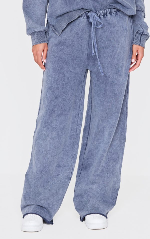 Blue Grey Washed Embossed Thin Waistband Wide Leg Sweatpants