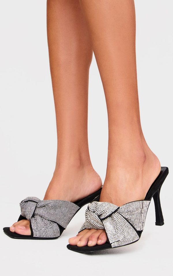 Black PU Square Toe Diamante Knot Strap Heeled Mules