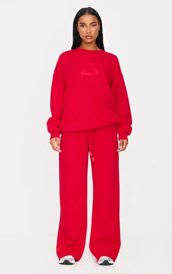 Dark Red Embroidered Straight Leg Sweatpants