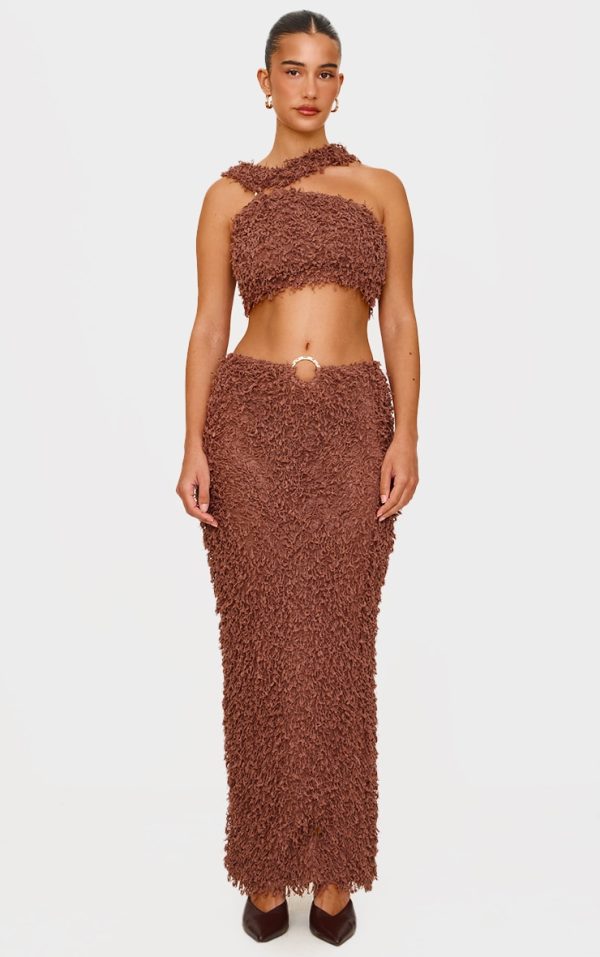 Chocolate Brown Fluffy Textured Trim Detail Low Rise Maxi Skirt