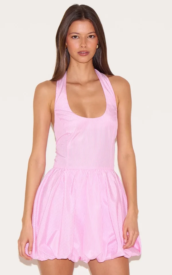 Pink Pinstripe Halterneck Puffball Dress