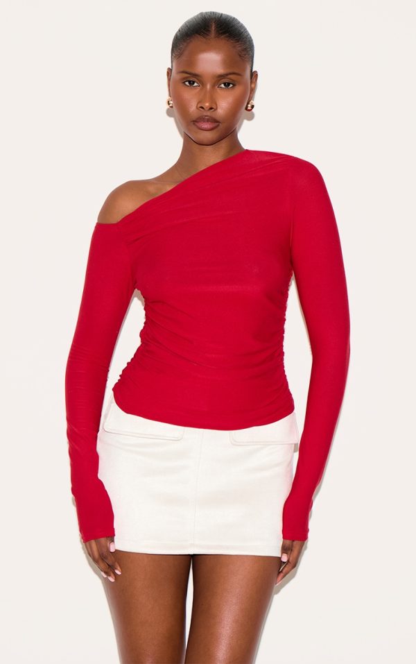 Red Soft Touch Asymmetric Detail Long Sleeve Top