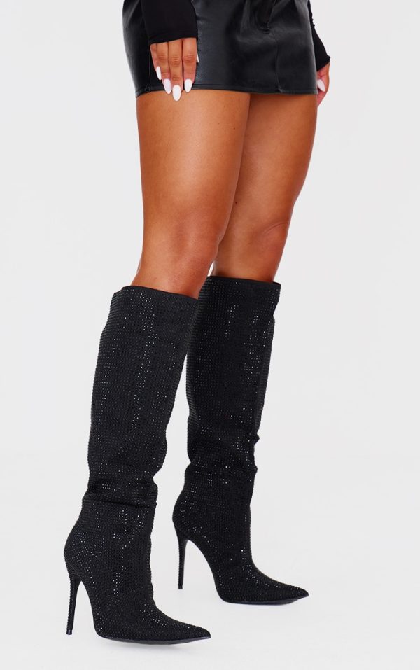Black Diamante Point Toe High Stiletto Knee High Boots