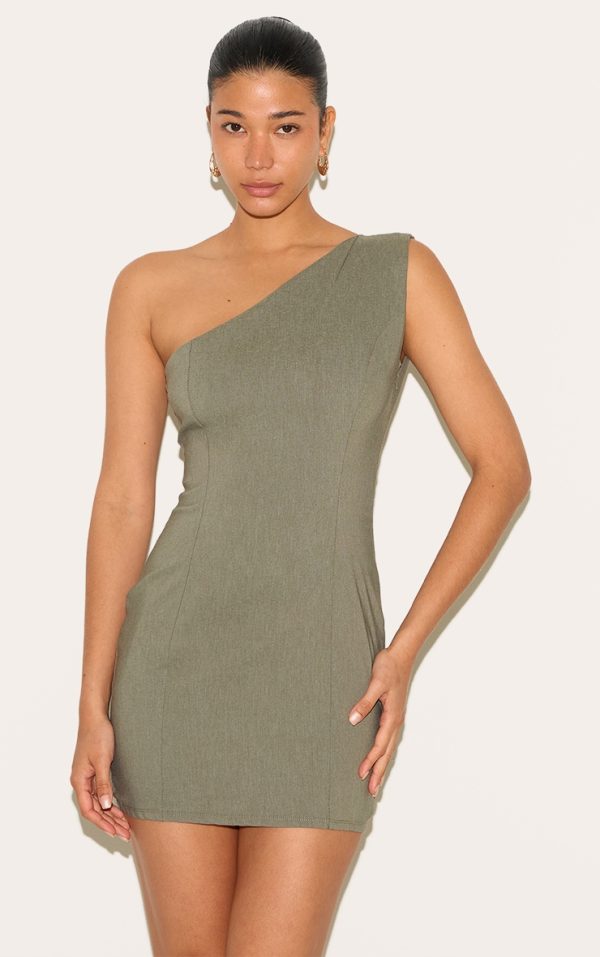 Khaki Stretch Woven One Shoulder Bodycon Mini Dress