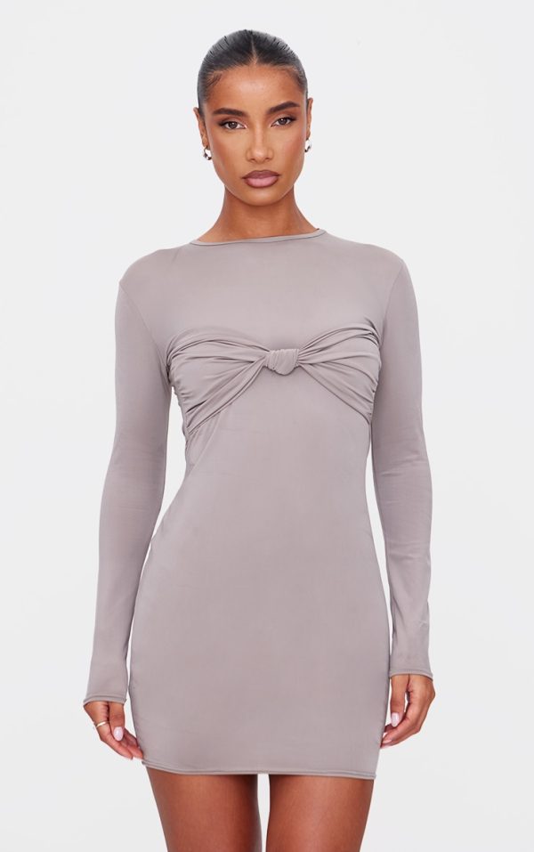 Taupe Twist Bandeau Detail Long Sleeve Mini Bodycon Dress