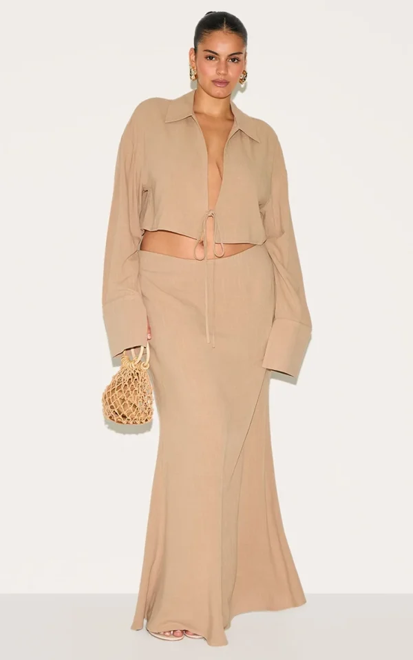 Plus Sand Linen-Blend Column Maxi Skirt
