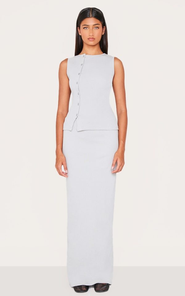 Grey Ribbed Detail Mid Rise Maxi Skirt