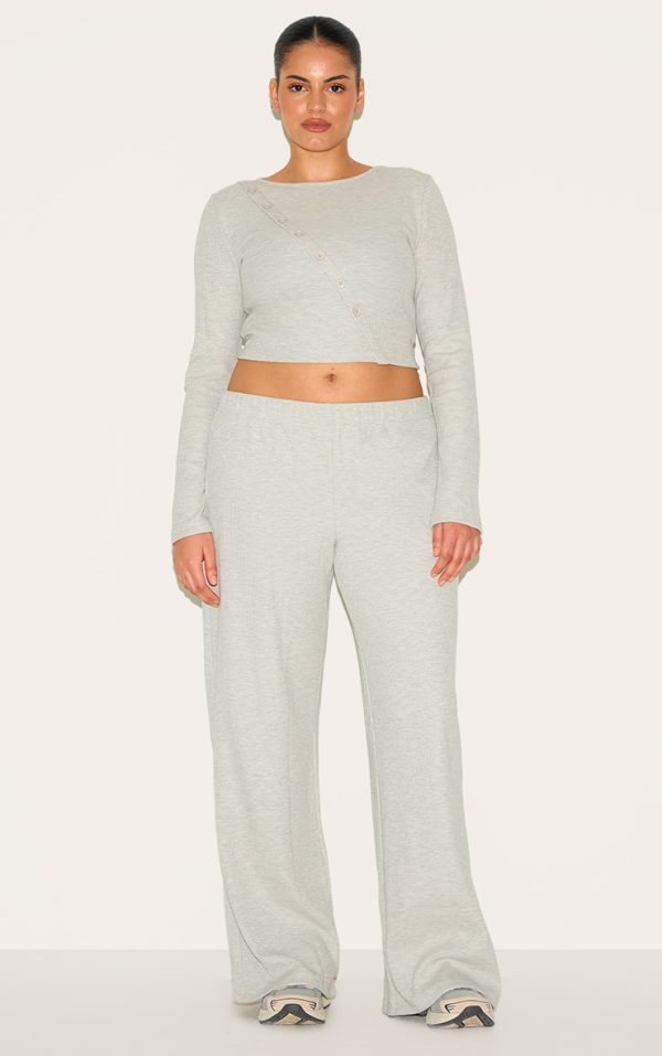 Plus Grey Marl Mid Rise Wide Leg Waffle Pant