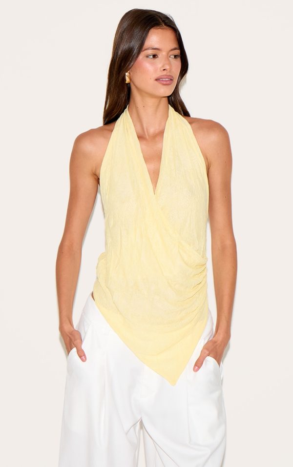 Butter Yellow Double Layer Crinkle Mesh Halter Neck Drapey Long Top