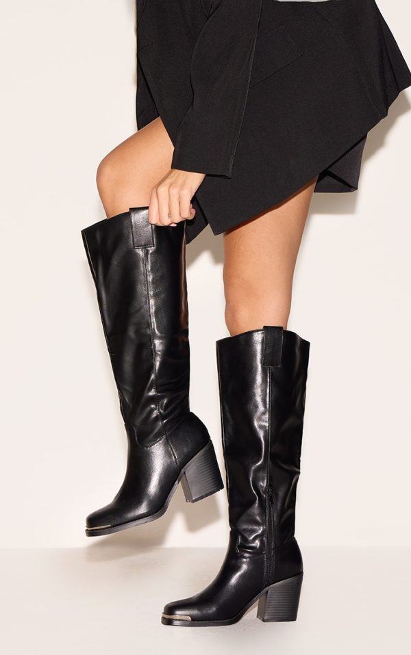 Black PU Square Toe Knee High Block Heeled Western Boots