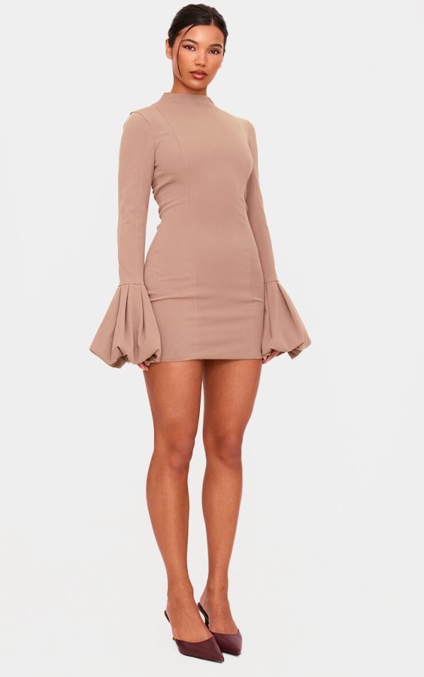PLT Label Taupe High Neck Puff Sleeve Bodycon Dress
