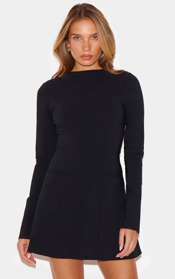 Black Stretch Woven Boat Neck Flare Sleeve Shift Dress
