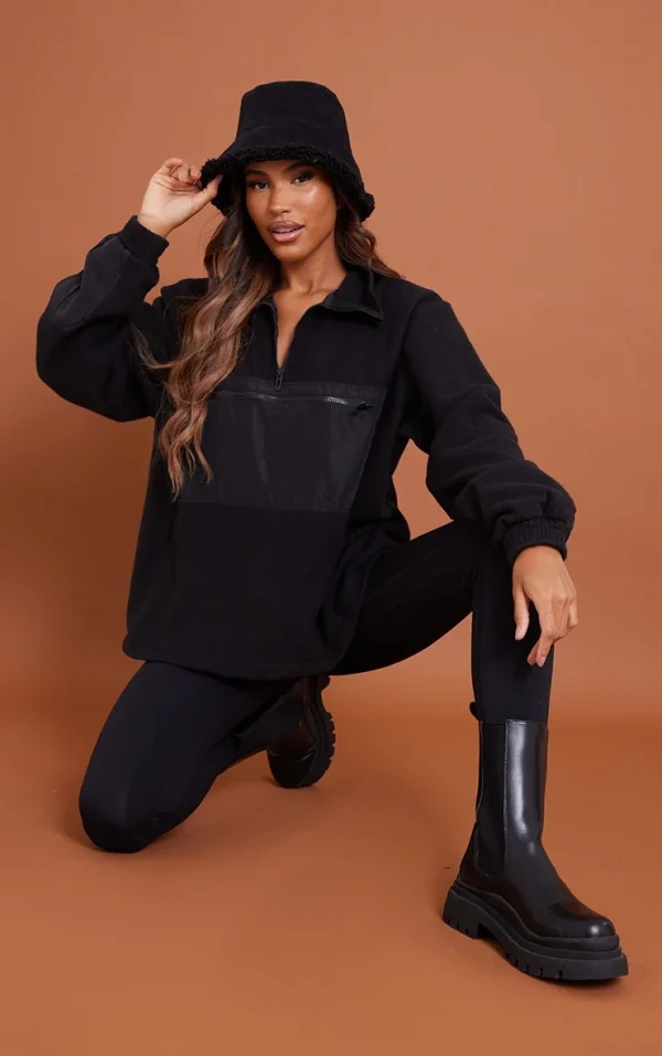 Black Contrast Zip Pocket Front Fleece Jacket
