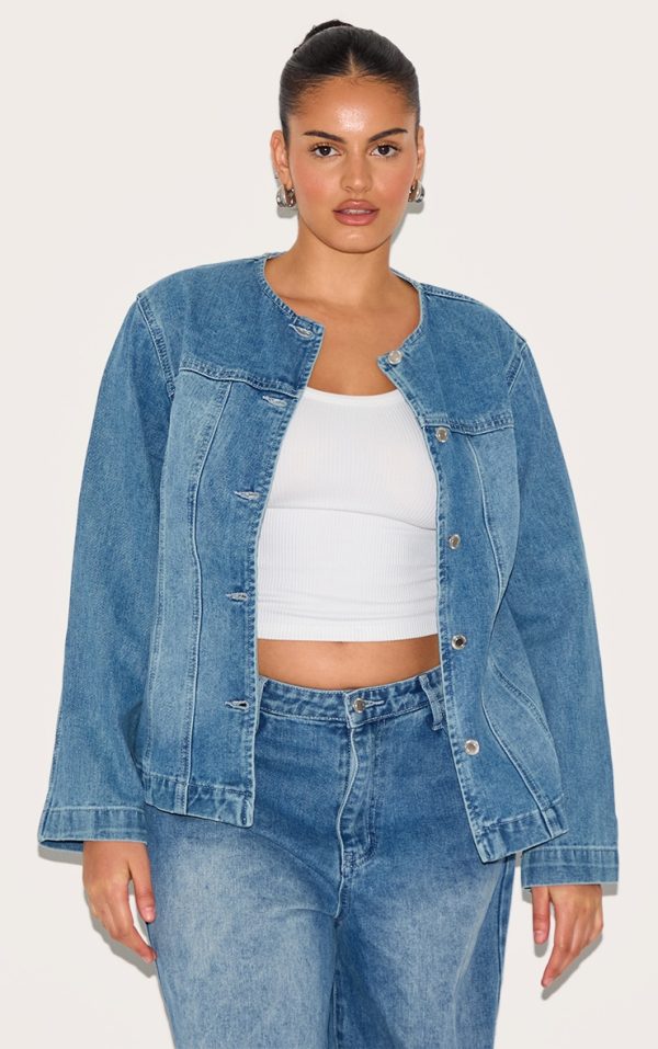 Plus Mid Blue Wash Mid Blue Wash Cinched Round Neck Denim Jacket
