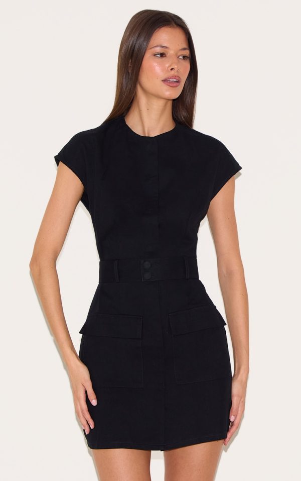 Black Woven Utility Pocket Detail Mini Dress