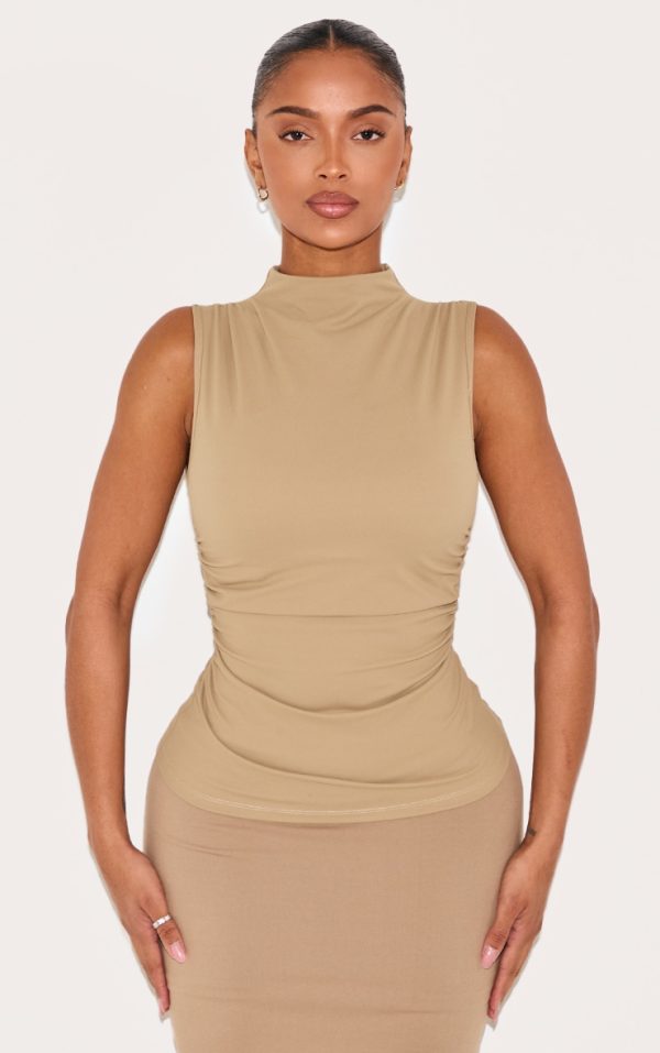 Shape Khaki Built In Bra Sculpt Boat Neck Ruched Side Top