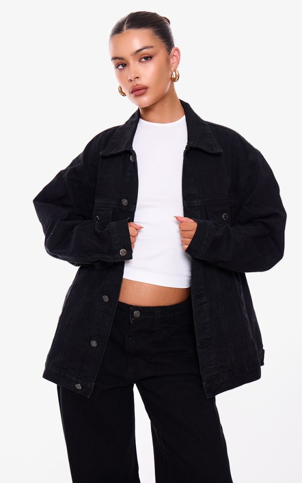 PRETTYLITTLETHING Washed Black Oversized Boyfriend Denim Jacket