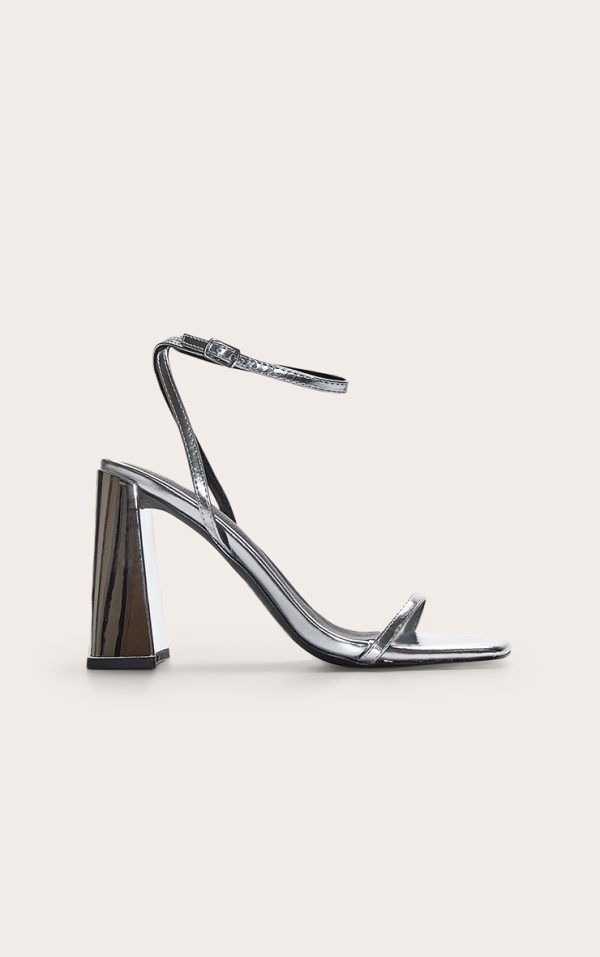 Silver Square Toe High Block Heeled Sandals