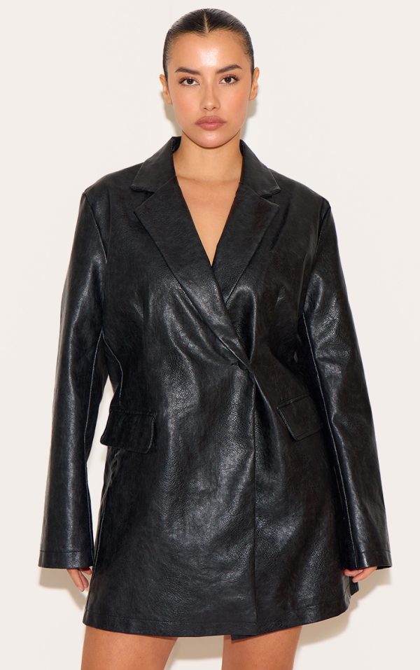 Plus Black Structured Leather Blazer Dress