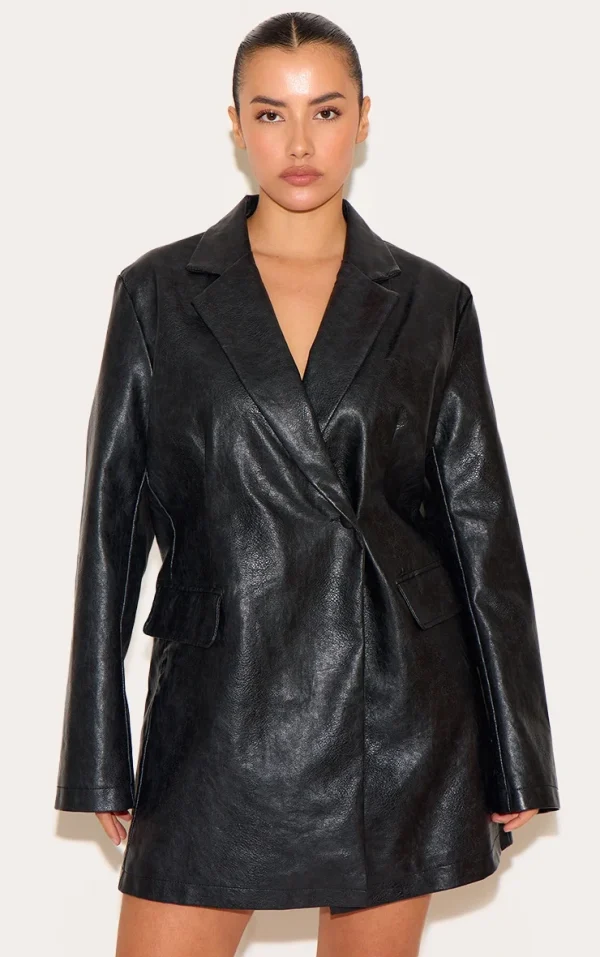 Plus Black Structured Leather Blazer Dress