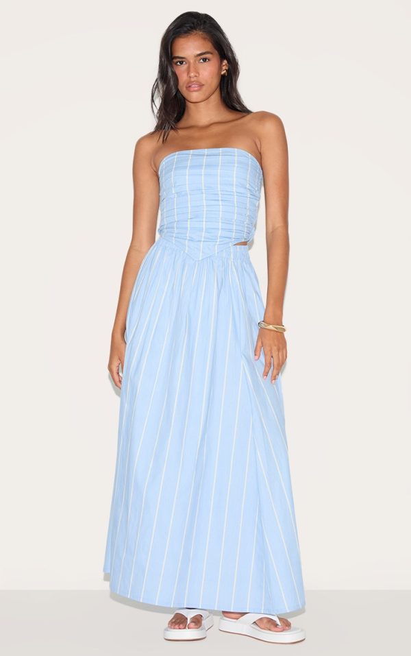 Blue Cotton Poplin A Line Low Rise Maxi Skirt