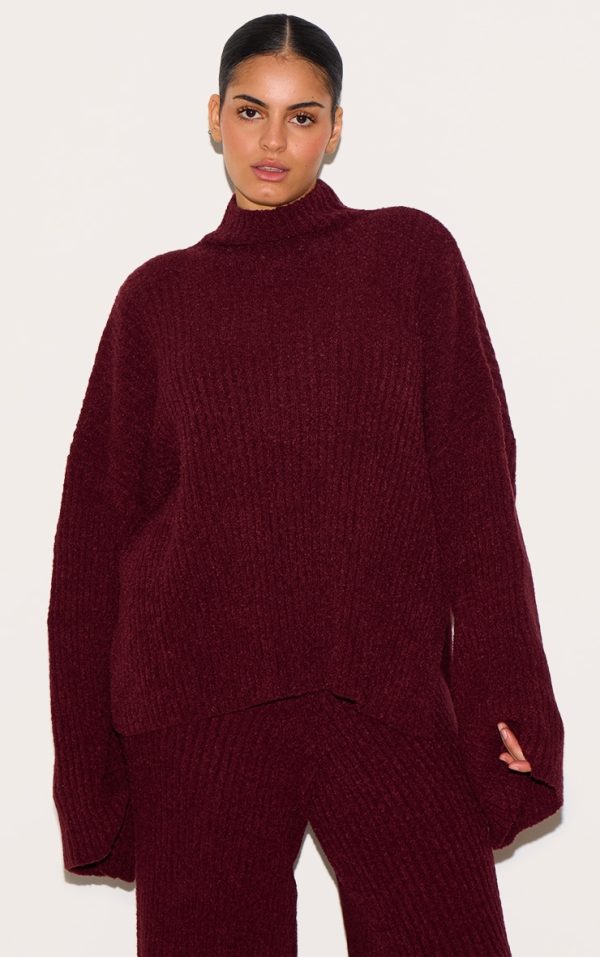 Plus Burgundy Rib Boucle Knit Oversized Sweater