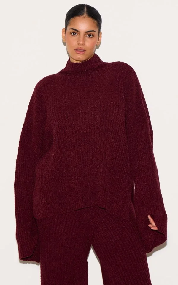 Plus Burgundy Rib Boucle Knit Oversized Sweater