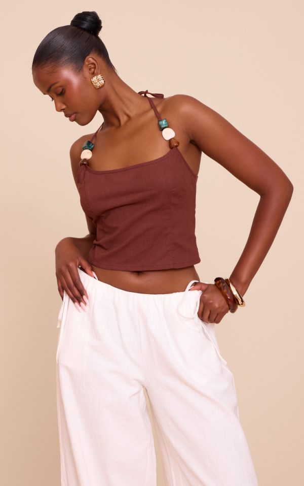 Chocolate Lightweight Woven Trim Detail Halterneck Top