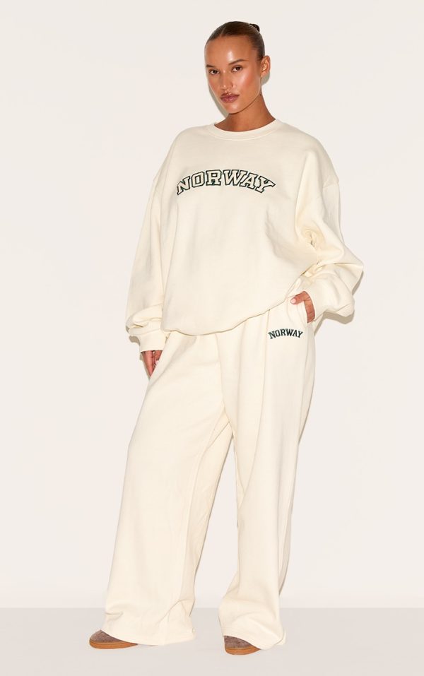 Plus Cream Premium Embroidered Norway Wide Leg Sweatpant
