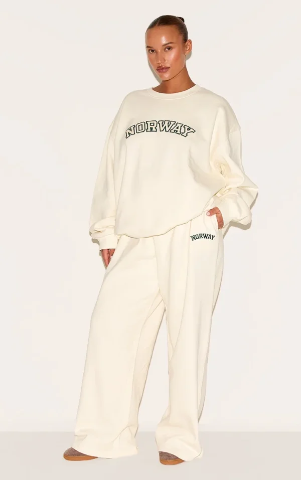 Plus Cream Premium Embroidered Norway Wide Leg Sweatpant